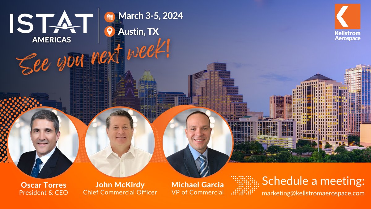 We are now just one week away from ISTAT Americas! ✈️Oscar Torres, John McKirdy, and Michael Garcia will be in attendance and hope to see you there! 

#ISTATAmericas #ISTATEvents #Aviation #AviationIndustry #AviationNetworking #KellstromAerospace
