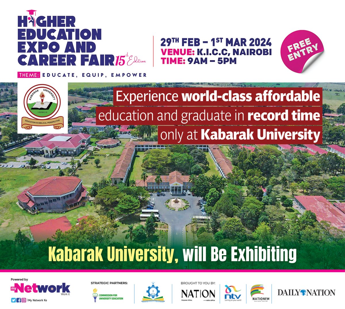 Unlock your potential and fast-track your future with @KabarakUniv at the Higher Education Expo and Career Fair! Join us at the KICC Grounds on February 29th to March 1st from 9 AM to 5 PM. Entry is FREE! #NMGCareerFair