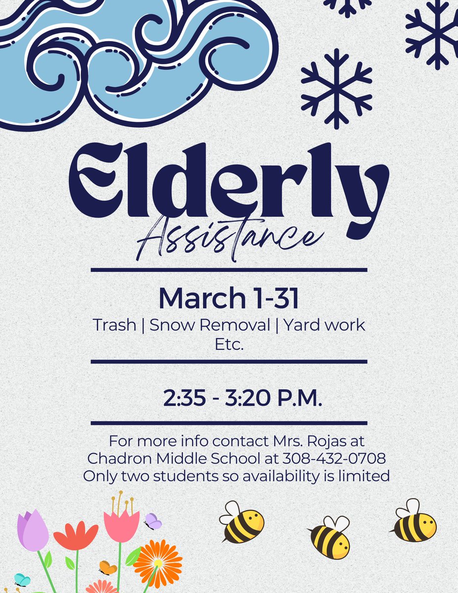 Two 8th-grade students are doing a service project for their HAL class. Please share with anyone who might need some assistance with snow removal and/or yard work.