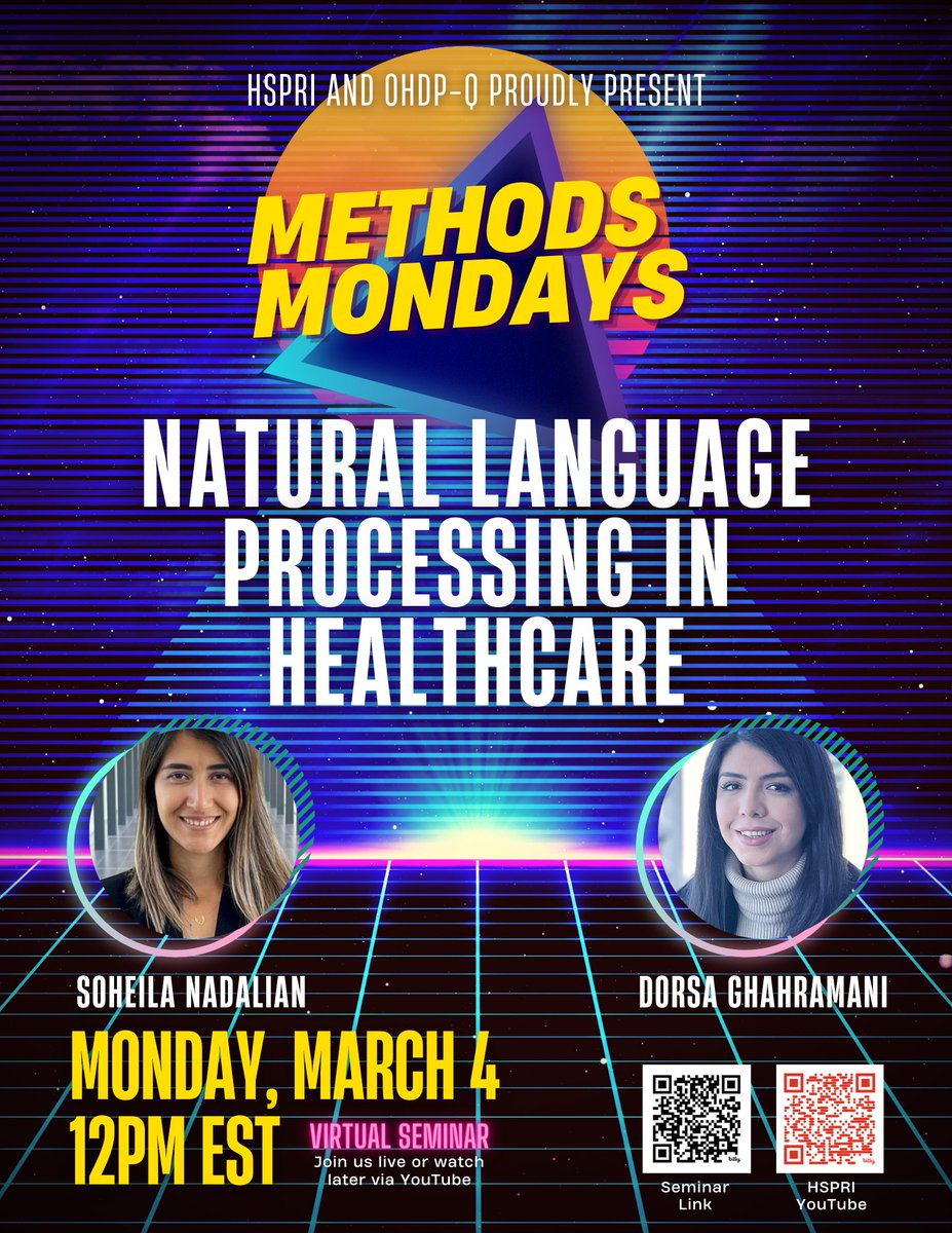 Health Services and Policy Research Institute (@queens_hspri) on Twitter photo Please join us for Methods Mondays on March 4/24 @ 12pm EST for a timely discussion on Natural Language Processing in Healthcare. This session will be recorded and posted to YouTube for those unable to join live #NLP #HealthcareInnovation <a href="/queensuResearch/">Research@Queen's University</a> @queensuhealth Please join us for Methods Mondays on March 4/24 @ 12pm EST for a timely discussion on Natural Language Processing in Healthcare. This session will be recorded and posted to YouTube for those unable to join live #NLP #HealthcareInnovation <a href="/queensuResearch/">Research@Queen's University</a> @queensuhealth