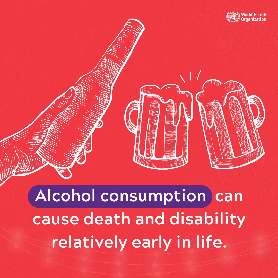 DYK❓Alcohol consumption can cause death and disability relatively early in life. Harmful use of alcohol can also result in harm to family members and friends. Less alcohol consumption is always better for your health and it is perfectly 🆗 not to drink. #HealthForAll #WHO75