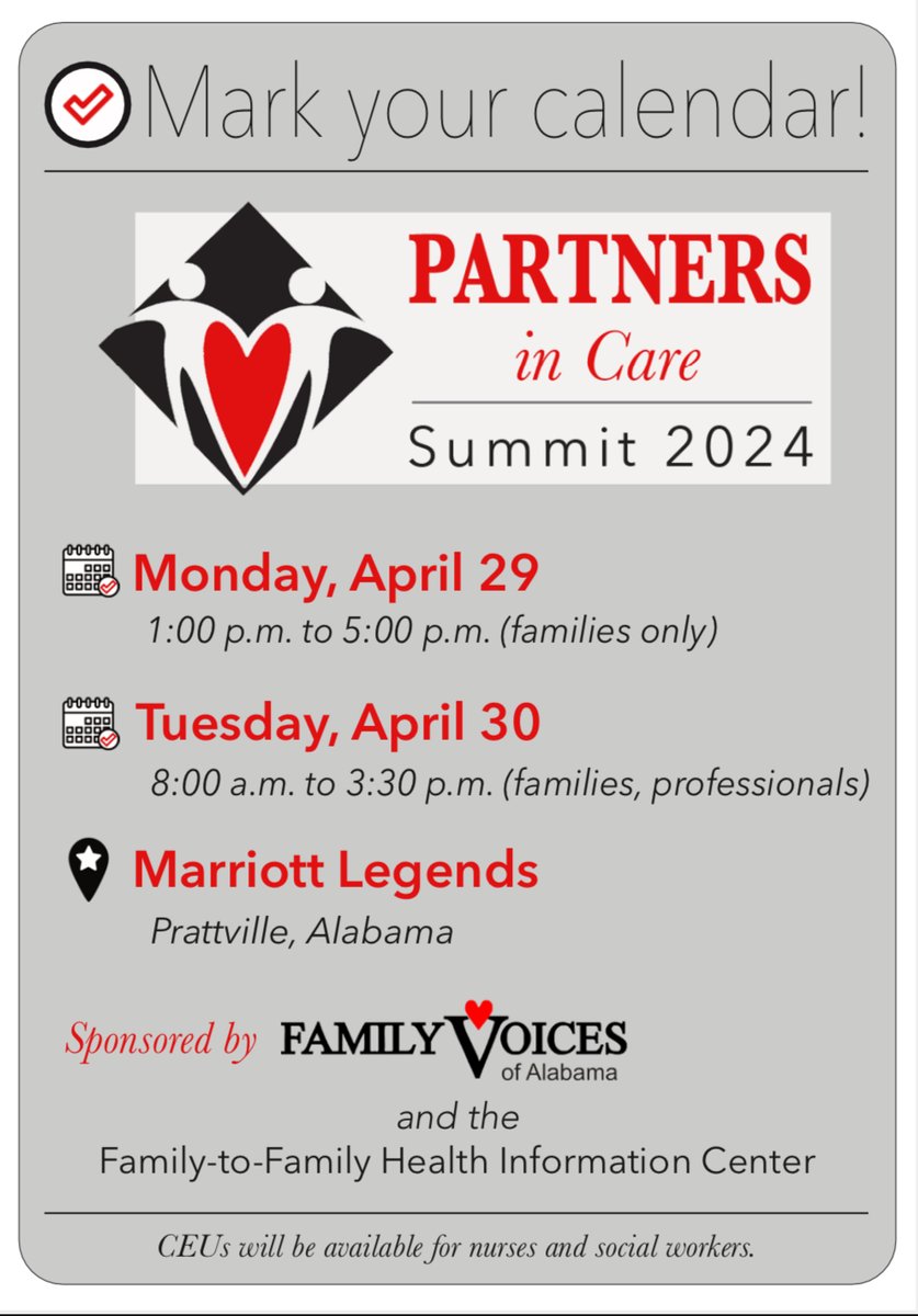 Partners In Care Summit 2024

Day One (families only)

Some of the topics we will explore include:

* Medicaid Waivers in Alabama
* Transition Planning
* Care Maps

#FVALPIC #FVALPIC2024 #PartnersInCare