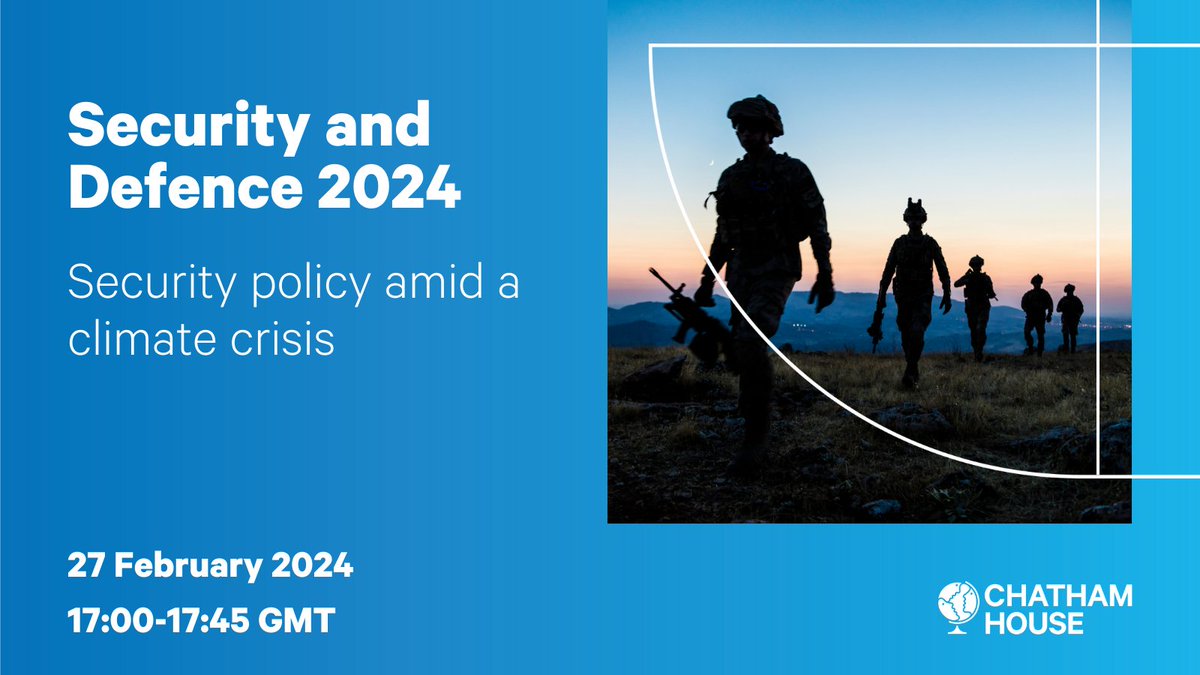 Our final session of #CHSecDef, held in-person only and under the Chatham House Rule, considers security policy amid a #ClimateCrisis.

Speakers:

▪️ @DeephChana, DIANA, @NATO
▪️ James Clare, @DefenceHQ
▪️ @thammyevans, @AtlanticCouncil
▪️ Chair: @armida_lm, @ChathamHouse