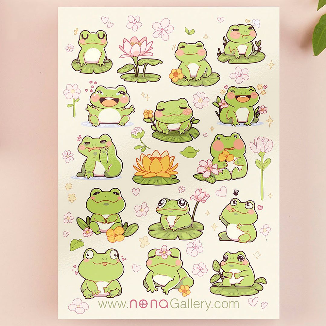 Froggy frog froggo friends 🐸💚 New sticker sheets are now available online! nonagallery.com/products/frogs…