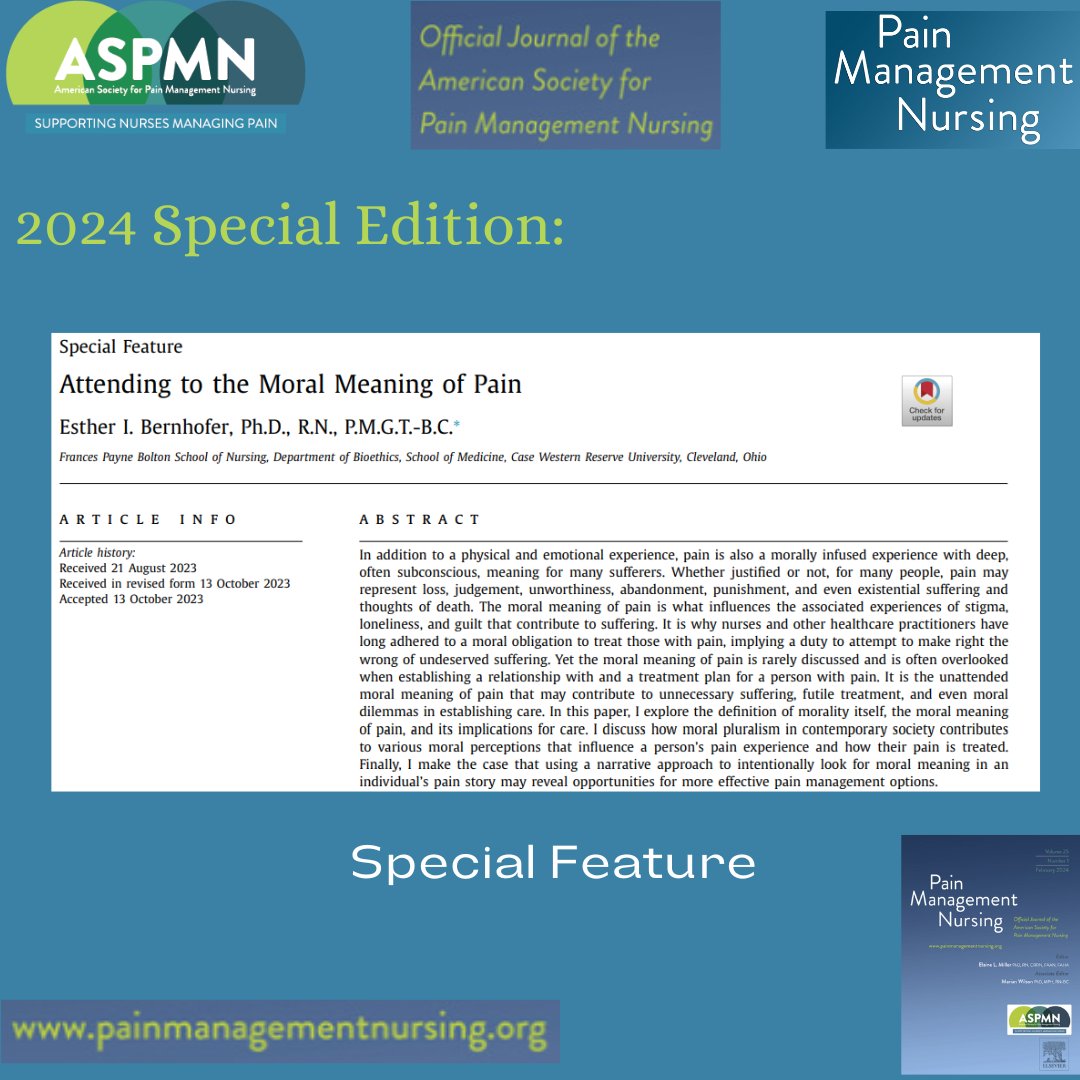 Special Issue 2024!

Featured article:

painmanagementnursing.org/article/S1524-…

#biopsycosocial #spiritual #nursing #nursetwitter #pain #painmanagement #nursingpractice #holistic #psychology #Biology #sociology #chronicpain #ethic #nurseethics #moralmeaning #existential #moralpluralism
