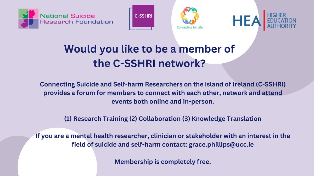 Interested in meeting peers &amp; learning about ongoing suicide &amp; self-harm research on the island of Ireland?

Join the <a href="/c_sshri/">C-SSHRI</a> network coordinated by the NSRF!

▶️Research training
▶️Networking &amp; collaboration
▶️Knowledge translation

For more ℹ️ contact: grace.phillips@ucc.ie