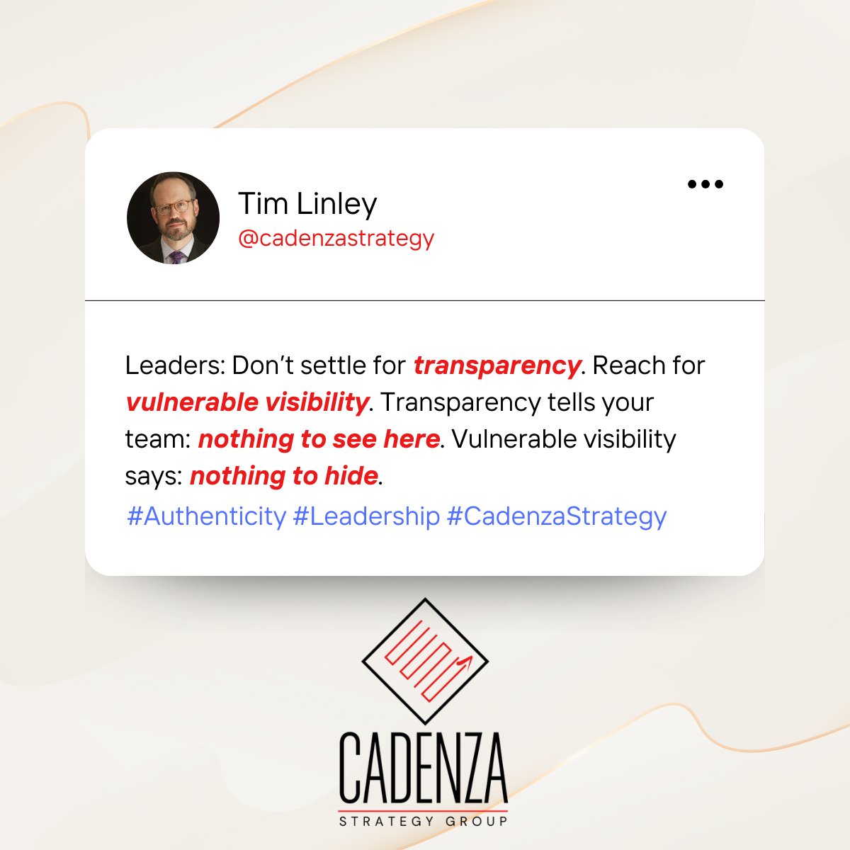 CadenzaStrategy's tweet photo. Transparent leaders allow others to look through them at the landscape ahead. They don’t obfuscate, but they don’t add anything.

Vulnerably visible leaders authentically show up and add VALUE to the landscape.

Not hiding things is different than truly contributing :) https://t.co/8qd0IbUvuB