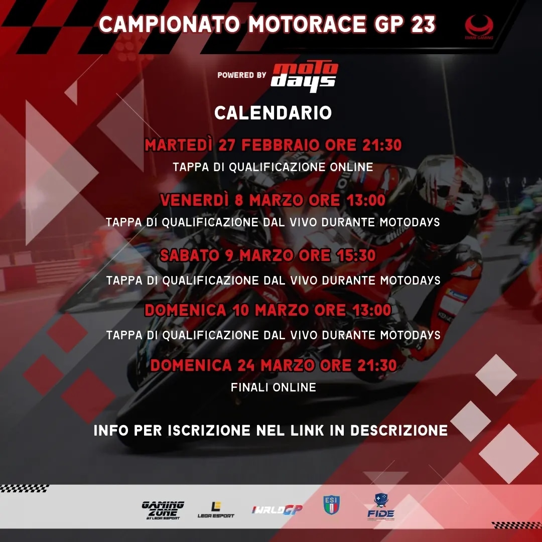 #MotoGP
iscrizioni aperte al "Campionato Motorace" con 2 tappe di qualificazioni online e 3 tappe live al MotoDays a #roma, fiera delle moto dall'8 al 10 marzo.
info, dettagli e regolamenti in DM.
#Motodays2024 #gaming #gamingexperience #videogiochi #console #consolegaming #gamer