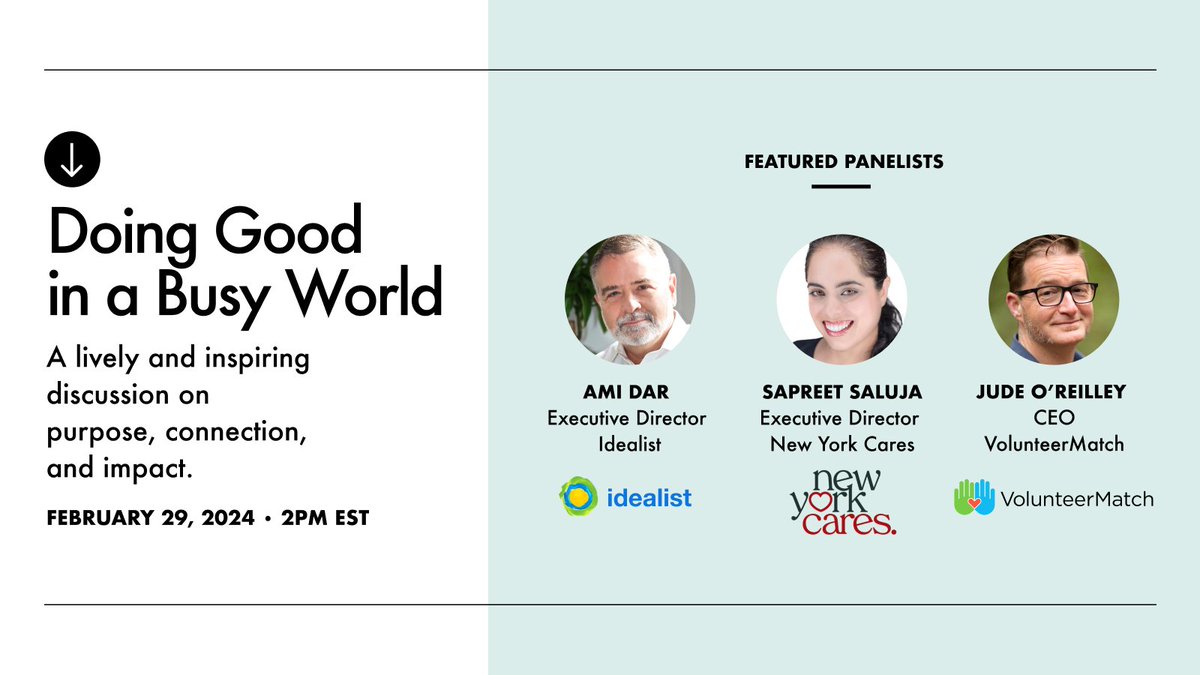 Join our CEO, Jude O'Reilley (@AsInHey), and leaders from @idealist and @newyorkcares for a special webinar on employee volunteer engagement and strategies for refreshing the spirit of volunteerism in a post-pandemic world. Register today: idealist-org.zoom.us/webinar/regist…