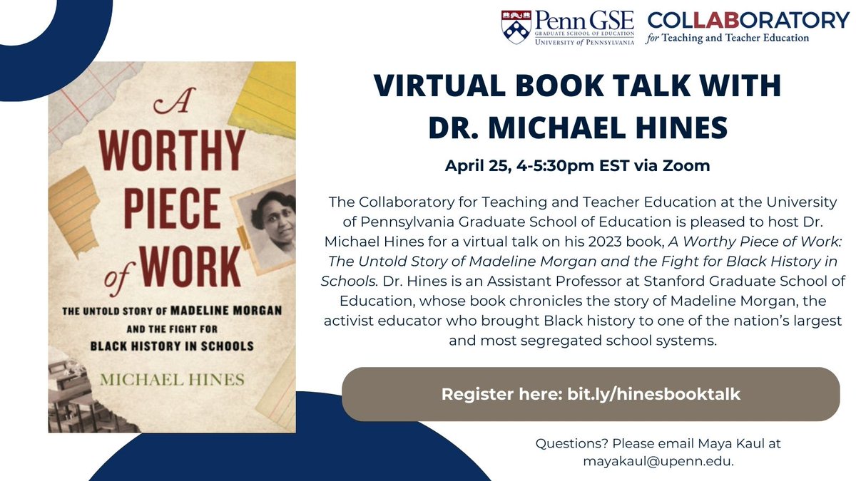 Maya Kaul (@kaulmemaya) on Twitter photo We are very excited to be hosting <a href="/hines_historic/">Michael Hines</a> in April for a virtual talk/discussion on his recent book, A Worthy Piece of Work. All are welcome to join - registration here: bit.ly/hinesbooktalk. We are very excited to be hosting <a href="/hines_historic/">Michael Hines</a> in April for a virtual talk/discussion on his recent book, A Worthy Piece of Work. All are welcome to join - registration here: bit.ly/hinesbooktalk.