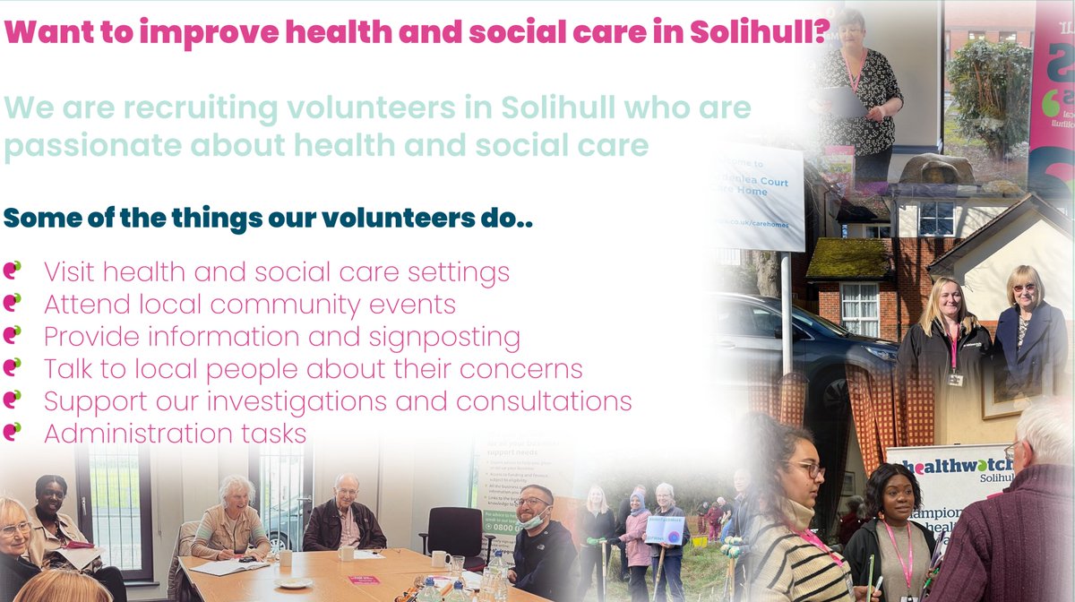 We're recruiting more volunteers! Get in touch with us for more information on how you can help with our work 📷
healthwatchsolihull.org.uk/volunteering..…