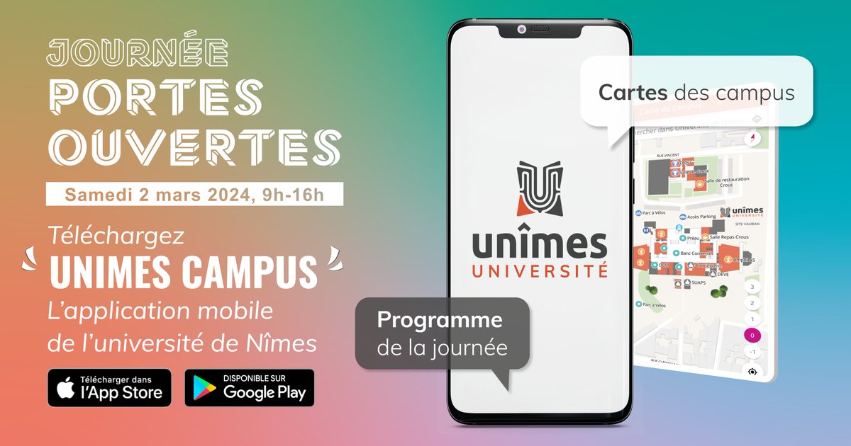 unimesfr's tweet photo. #JPO2024 La Journée Portes Ouvertes de l'#Université de Nîmes, c'est ce samedi 2 mars !
📲 Téléchargez l'application mobile UNIMES CAMPUS pour consulter l'intégralité du programme et les cartes du campus pour vous repérer sur les sites.
👉 https://t.co/m9Id51W508
#Nîmes https://t.co/7AGJQIq5ml