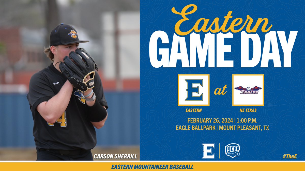 It's Game Day! Eastern is headed to Texas for a battle with Northeast Texas! #TheE #NJCAABSB ⚾️ vs. @NTCC_Baseball ⏰ 1 PM 🏟 Eagle Ballpark 📍 Mount Pleasant, TX