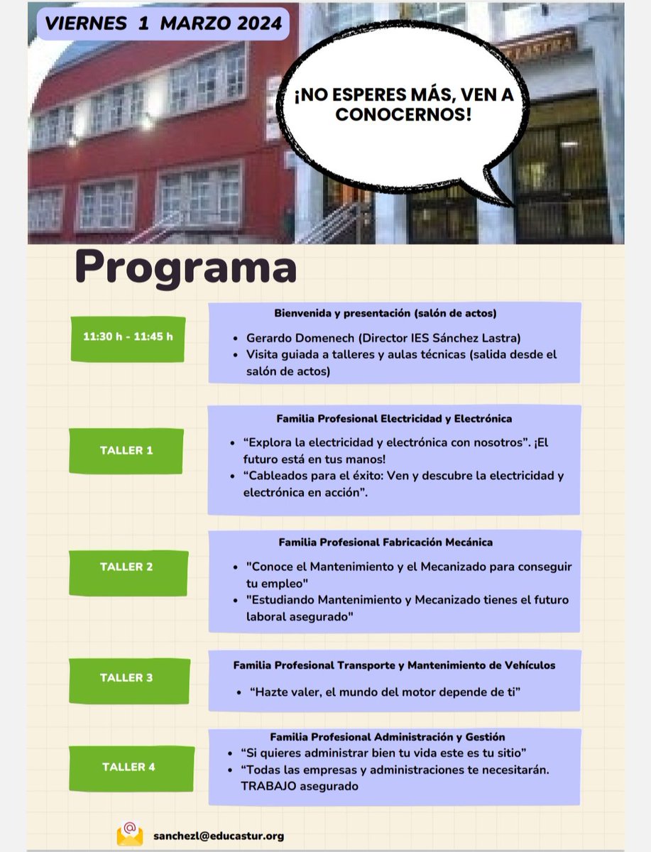 📢📢No te pierdas nuestras Jornadas de Puertas Abiertas #FP este viernes 1️⃣ de marzo. Ven a conocernos y asiste a diferentes talleres para conocer de primera mano qué hacemos en Formación Profesional.
FP, oportunidades de empleo y de futuro
#FP #iessanchezlastra