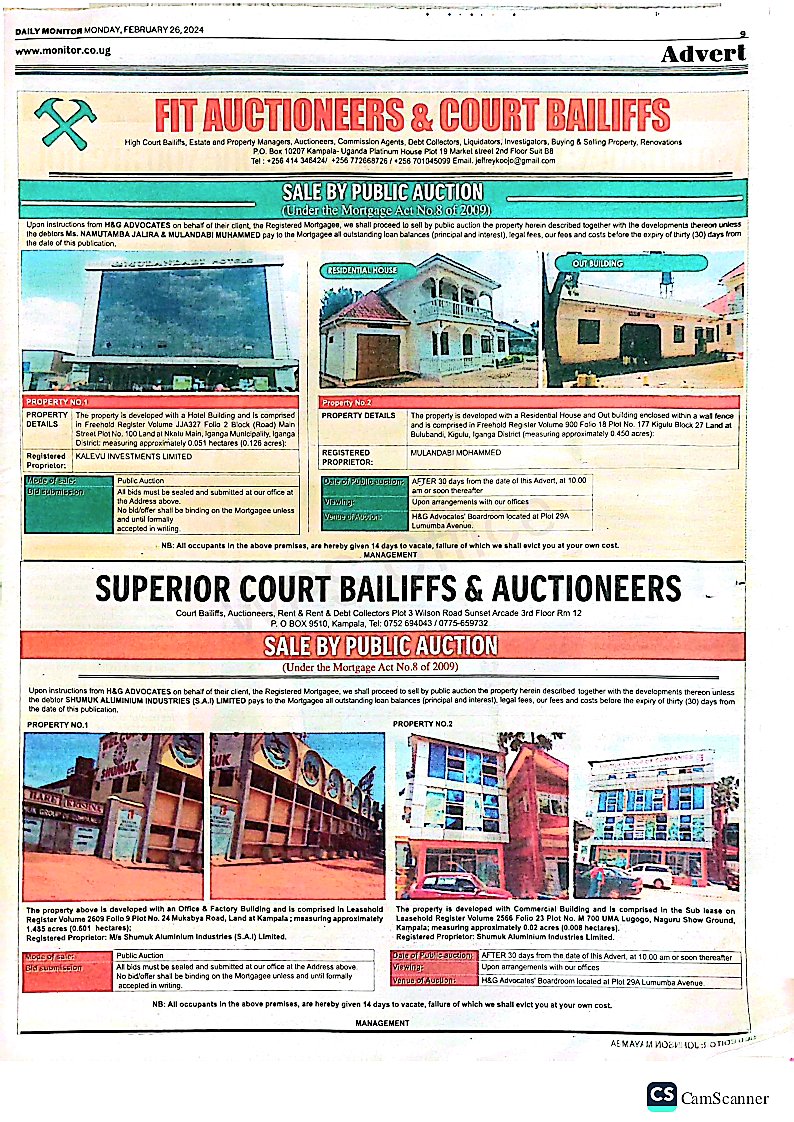 In today's Daily Monitor Newspaper, Shumuk's Properties are up for auction.