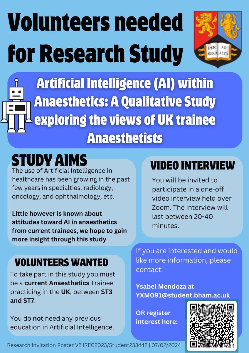 I'm looking to interview Trainee Anaesthetists throughout the UK about their current views on AI (Artificial Intelligence) in the specialty. Please fill out the form and share if you are interested: forms.office.com/e/NrtMvPq1UA #AI #ArtificialIntelligence #anaesthetics