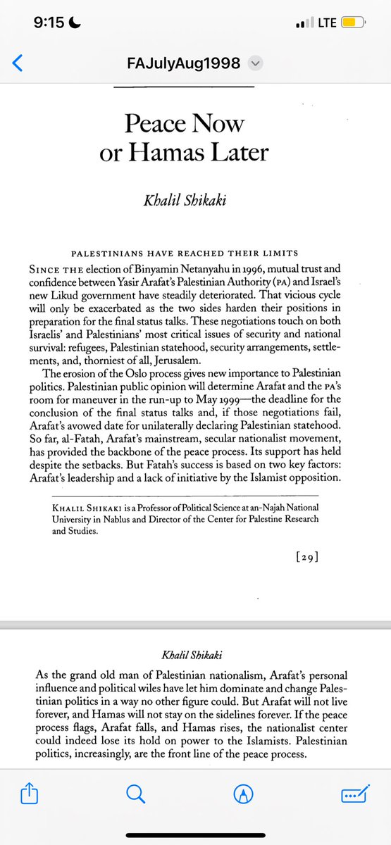 Just read this 1998 foreign affairs article by Dr.Khalil Shikaki, writing at a time when Hamas was relatively small and Fateh had majority support. Yet, he warned that the failure of negotiation would likely lead to the rise of Islamist Hamas.