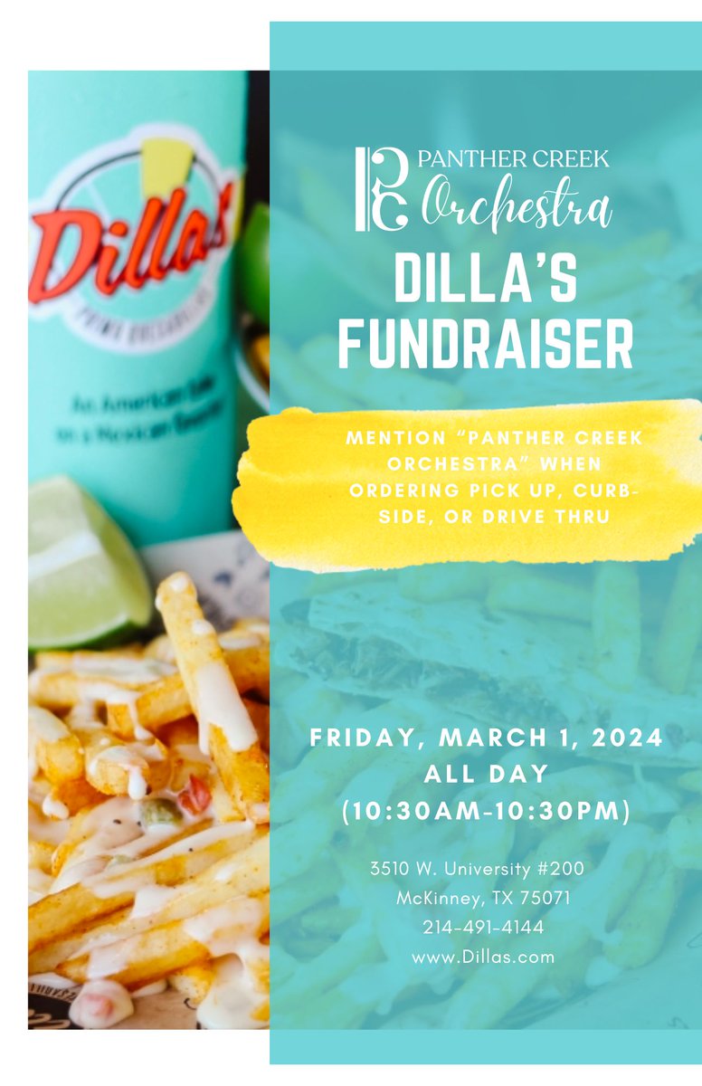 On March 1st, make sure to head over to Dillas and when you mention PCHS Orchestra, a portion of the proceeds will be donated to the program. Your support will help the orchestra continue to thrive and bring music to the community.