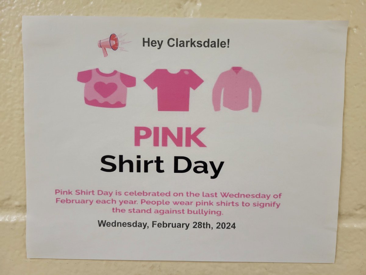 Pink shirt day this Wednesday, February 28! Let's show support for a safe, welcoming, inclusive school for all! 🩷