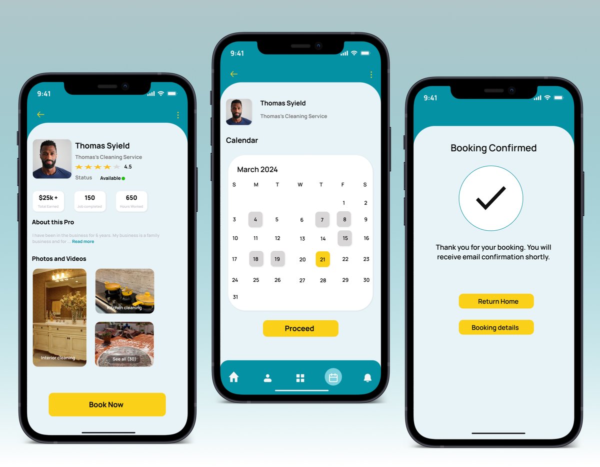 Hi Fam, been a while here.

I have been working on a Cleaning App Ui where users can find a Professional cleaner suits your cleaning need with close proximity.

Kindly review and let me know your thoughts 😊
#uidesign #uxdesign #uxfoundry #Homecleaning