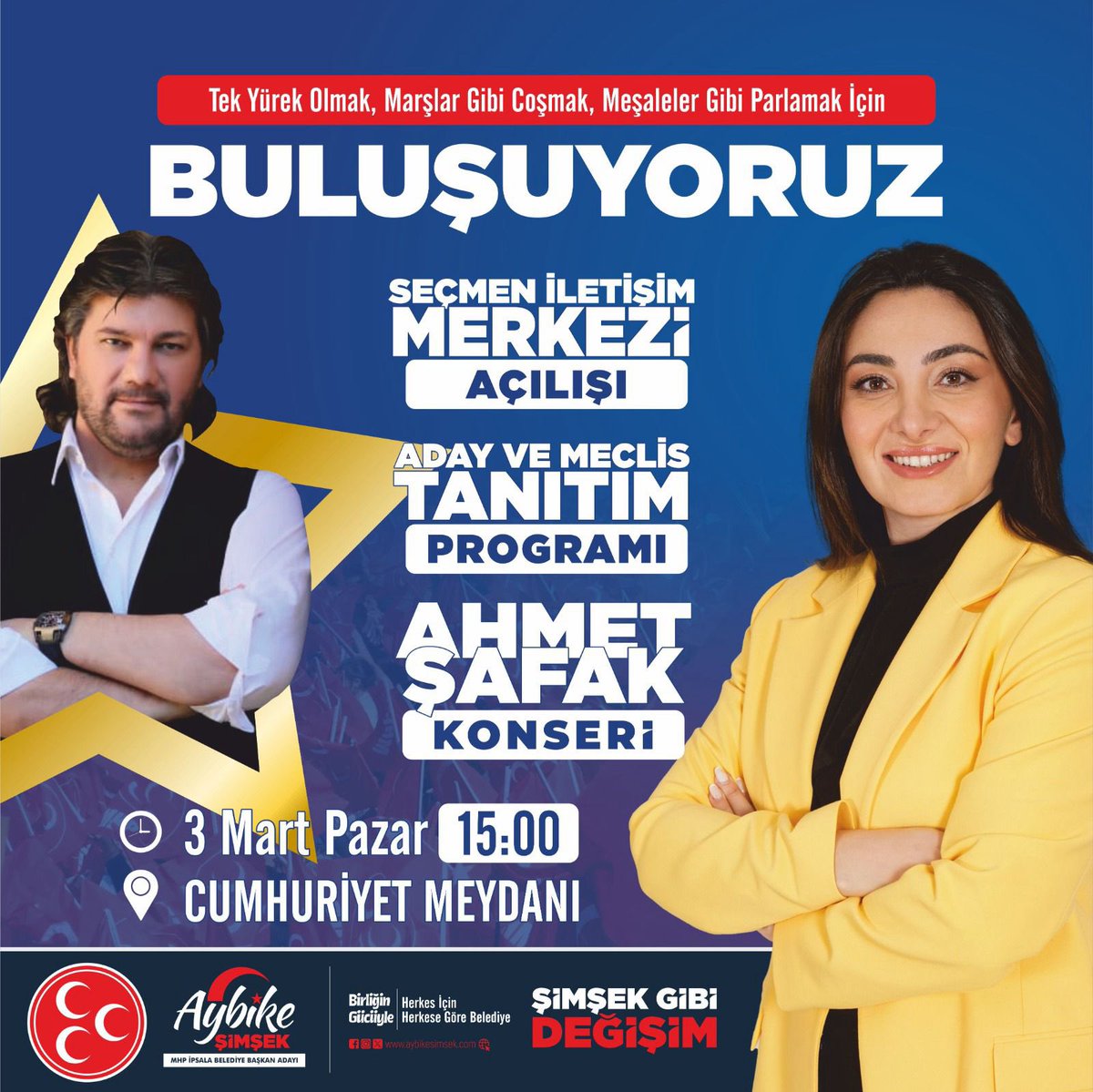 3 MART SAAT 15:00’DA TÜM HEMŞEHRİLERİMİZİ, TÜM DOSTLARIMIZI CUMHURİYET MEYDANI’MIZA BEKLİYORUZ 🇹🇷🇹🇷🇹🇷

#aybikeşimşek #ipsala #mhp #seçim2024 #ahmetşafak