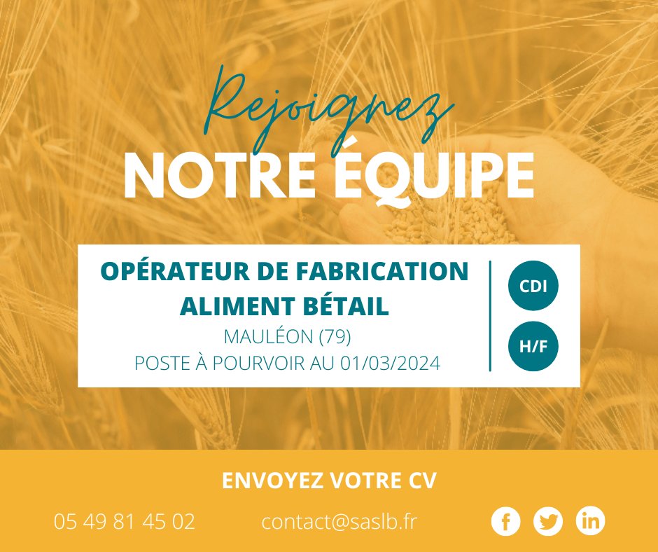 📣 Suite à un accroissement d'activité NOUS RECRUTONS un(e) OPÉRATEUR(TRICE) DE FABRICATION ALIMENT BÉTAIL | Situé à Mauléon - en présentiel | CDI 39H

👉 lamybienaime.fr/nous-rejoindre…

▶ Poste à pourvoir au 01/03/2024