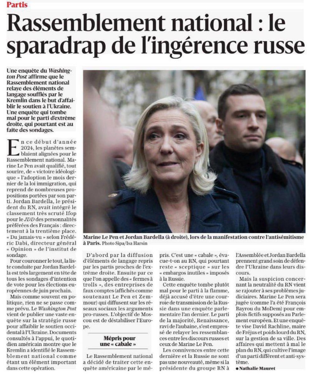 LaurentSegnis's tweet image. Rassemblement national : le sparadrap de l'ingérence russe

Une enquête du Washington Post affirme que le Rassemblement national relaye des éléments de langage soufflés par le Kremlin dans le but d'affaiblir le soutien à l'Ukraine.
Une enquête qui tombe mal pour le parti…