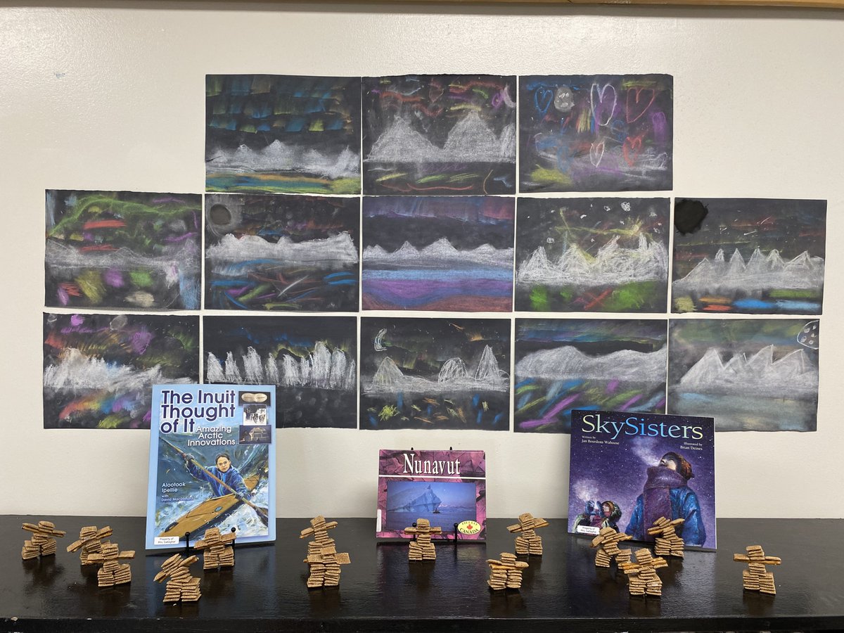 12G class made inukshuks and aurora borealis art for their unit on communities in Canada. Great job students! #KGcrusaders #bdnmb #inukshuk #northernlights #Auroraborealis
