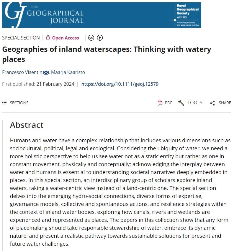 📢New paper published in #GJ by @Francesco_Vise (University of Udine) and @MaarjaKaaristo (@ManMetUni) introducing an upcoming Special Section looking at inland water bodies: 'Geographies of inland waterscapes: Thinking with watery places'. #OpenAccess doi.org/10.1111/geoj.1…