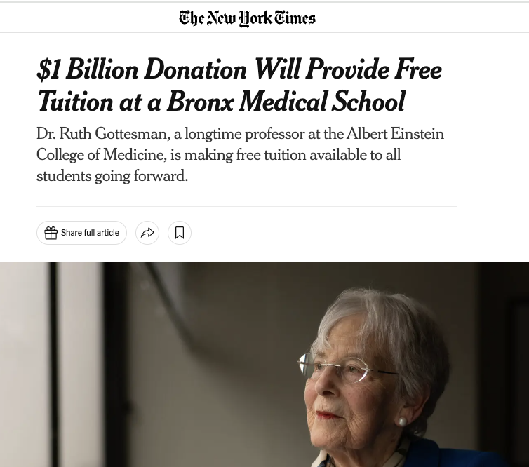 pitdesi's tweet photo. David Gottesman invested in Berkshire Hathaway in 1968 and held on. His wife now has $11.7B of the stock; the stock is up ~30,000x in these 56 years. 

His wife is donating $1B to the Einstein College of Medicine to make tuition free. https://t.co/n9Ul8S5Bvx