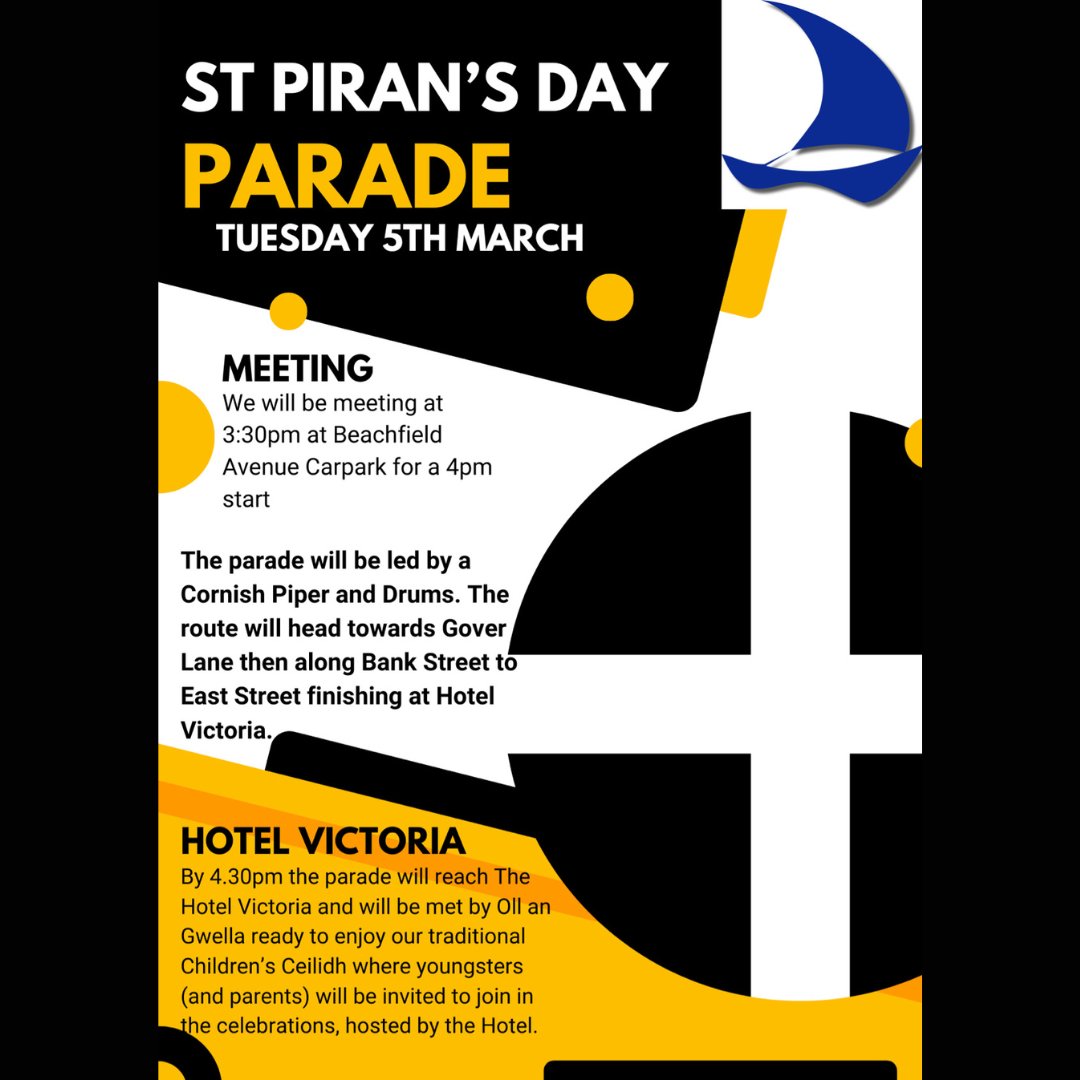 Blue School look forward to seeing as many of you as possible to support the community and celebrate St Piran's Day. 🖤🤍👍🏻😀#stpiransday #kernow #parade #newquay