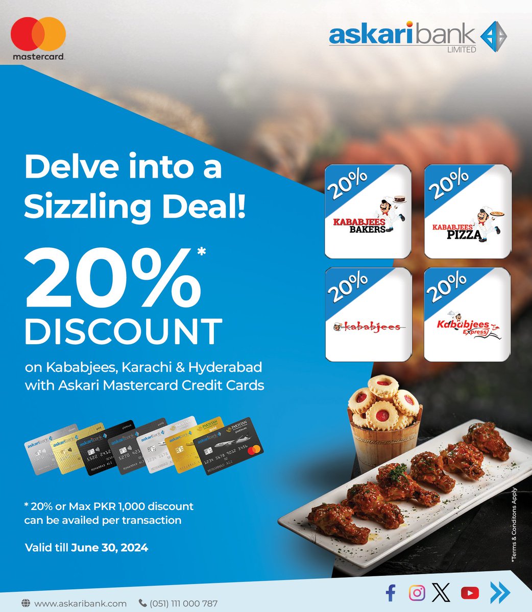 Spice up your life with a sizzling deal! Enjoy 20% Discount at Kababjees, Karachi & Hyderabad with your Askari Mastercard Credit Cards. Offer valid until June 30, 2024. Link: rb.gy/khhnik #askaribank #foodiefun #kababjees #mastercard #discountdeal