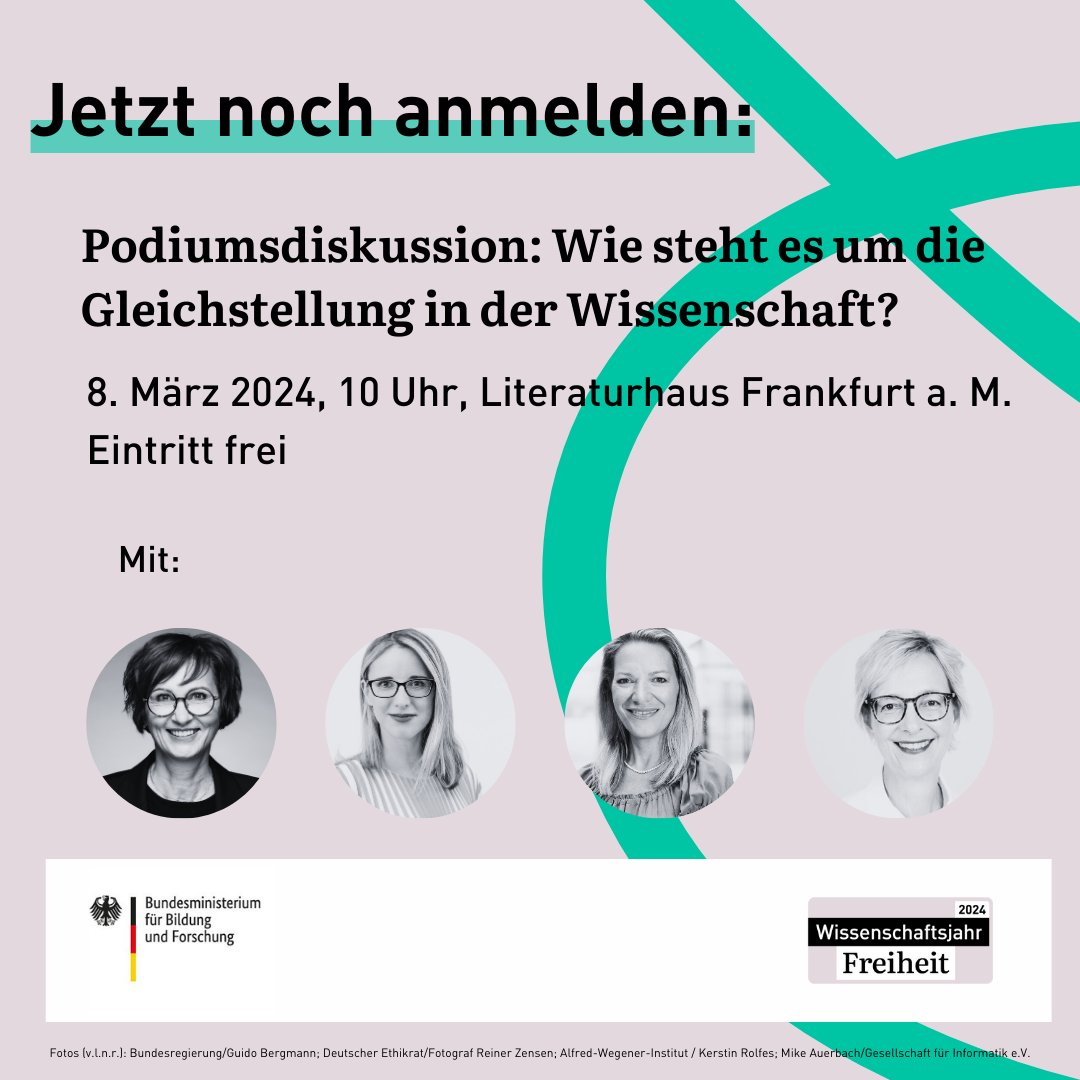 Reminder: Nächste Woche Freitag, 8.3., diskutieren wir mit Forschungsministerin Bettina @starkwatzinger, @alena_buyx, Antje Boetius @AWI_de und @ChristineRegitz über Freiheit und Geschlechtergerechtigkeit in der Wissenschaft. Anmeldung unter: eveeno.com/weltfrauentag_…