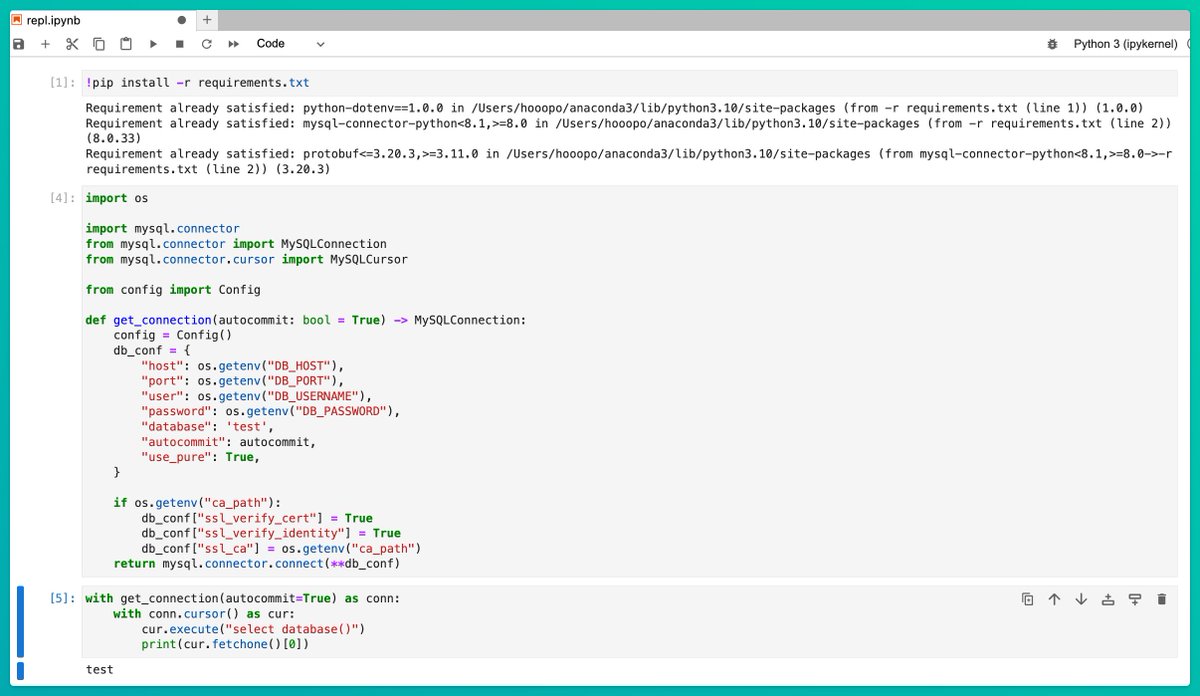 After a simple attempt, I finally managed to connect to the TiDB Serverless using Python MySQL Connector in the Jupyter environment.