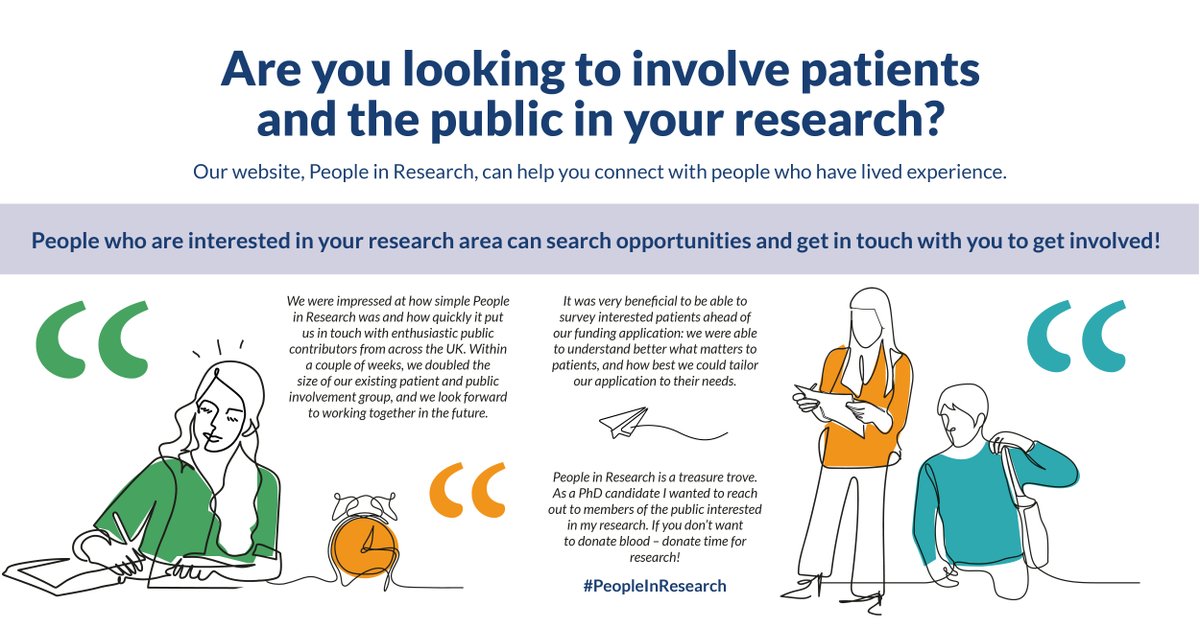 Are you looking to involve patients and the public in your research? Post your opportunity on People in Research to find patients, carers or members of the public who can contribute to your project: peopleinresearch.org