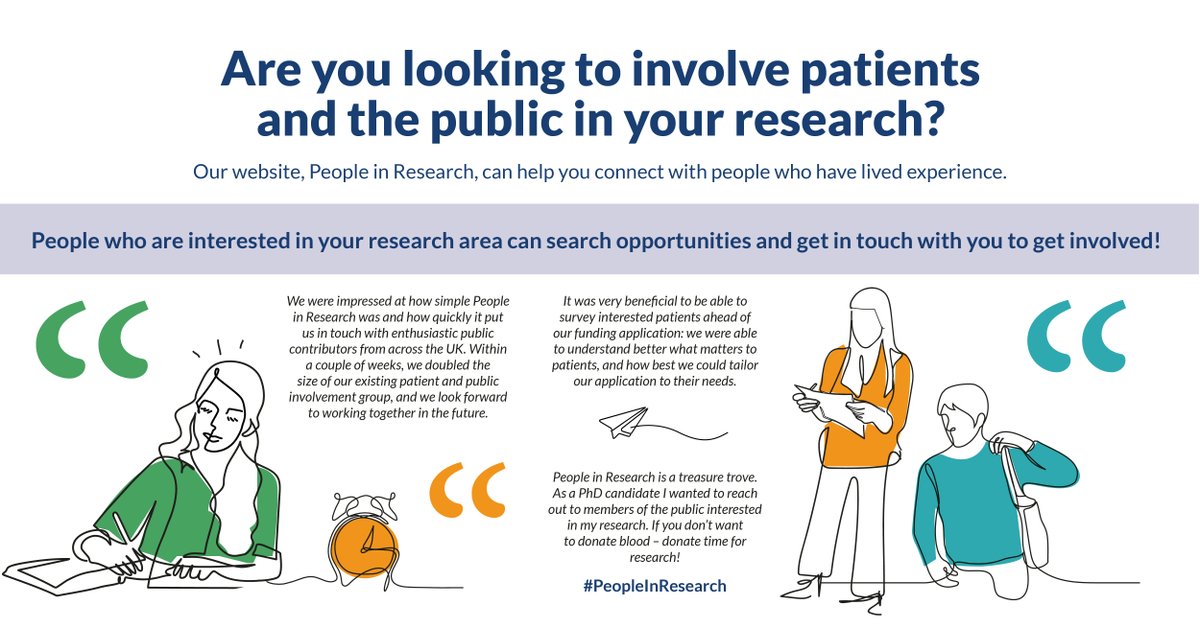 Are you looking to involve patients and the public in your research?

Post your opportunity on People in Research to find patients, carers or members of the public who can contribute to your project: peopleinresearch.org