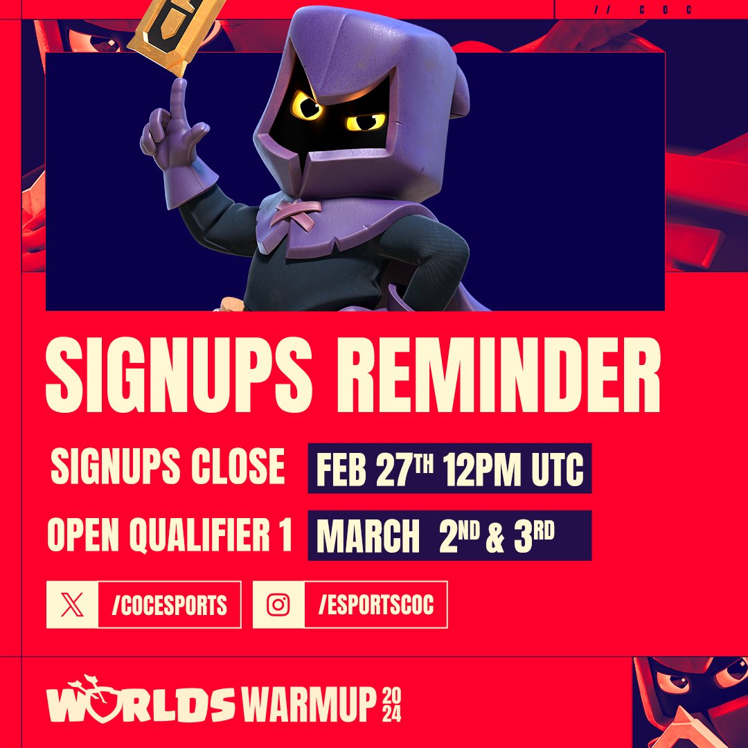 TIME IS RUNNING OUT 🏃💨 
The Worlds Warmup signups close tomorrow @ 12pm UTC - if you haven't signed up yet, do it NOW 👇

📝 play.toornament.com/en_US/tourname… 
ℹ️ discord.gg/xHX2vfF4NK

#ClashEsports