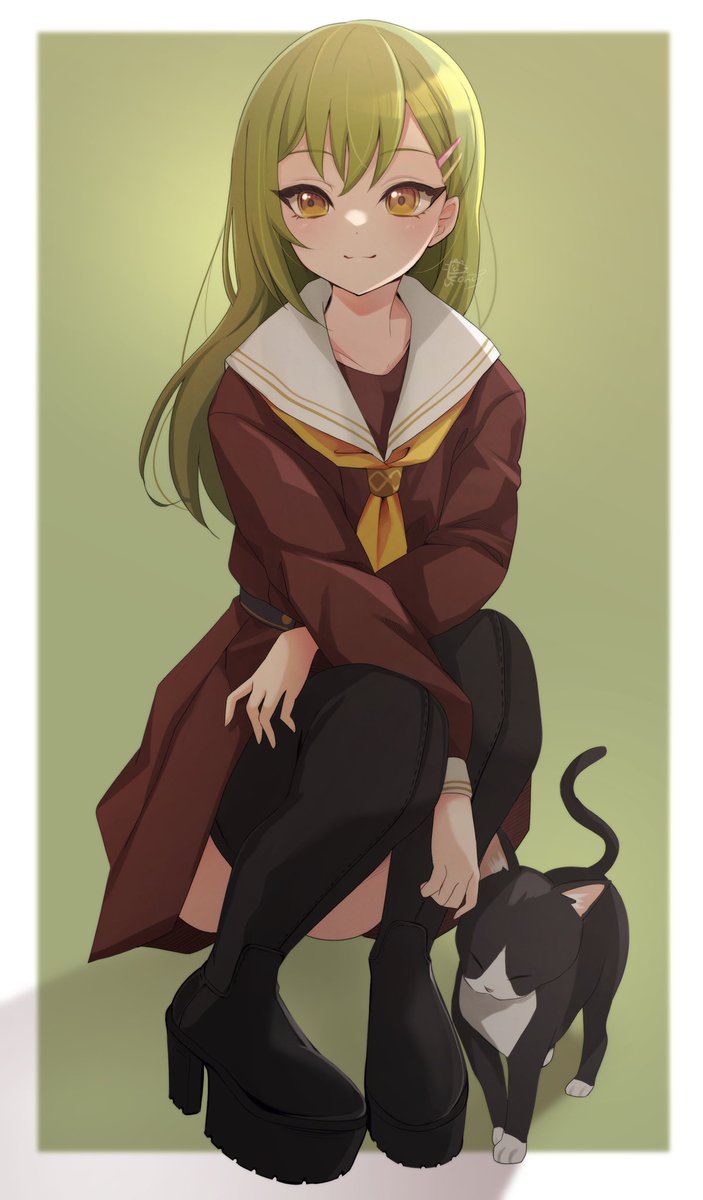 1girl cat squatting green hair school uniform boots long hair  illustration images