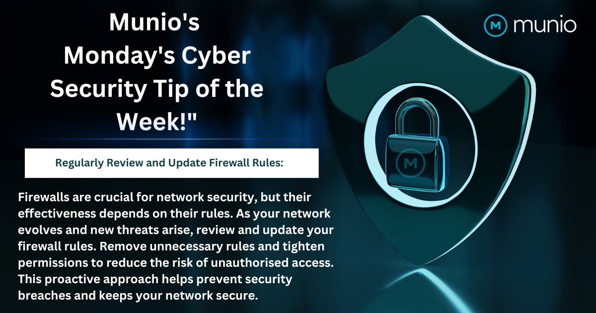 Munio_IT's tweet image. Regularly Review Firewall Rules Keep your network secure by auditing and updating your firewall rules. Tighten permissions and stay informed about the latest threats. munio-it.co.uk 
#CyberSecurity #FirewallRules #itsupportlondon #itsupportkent #munioit