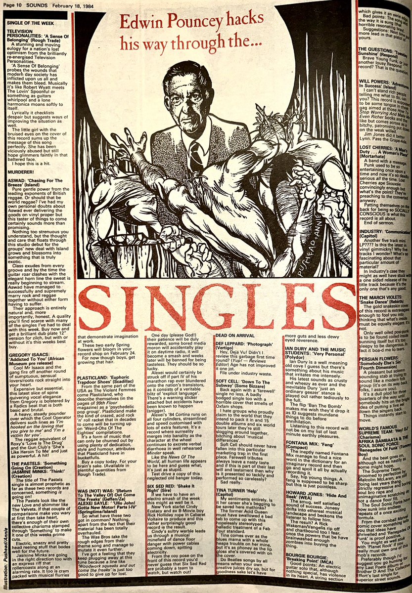 ZoundsAbound's tweet photo. In the Singles column this week, Edwin Pouncey considers new releases from The March Violets, Gregory Issacs, The Pastels & Was (Not) Was.
@TheMarchViolets @march_violets #GregoryIssacs #ThePastels #WasNotWas
Sounds Feb 19th issue 1984 https://t.co/dS5hXo3rEv