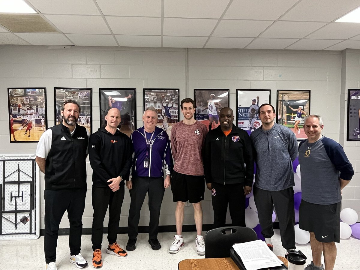 SWC varsity Boys Basketball Coaches 23-24 L to R: Dylan Dudley-Alton, Dustin Battas-Edwardsville, Darin Lee-Collinsville, Alex Schobert-Belleville West, Mark Chambers-East St. Louis, Jeff Creek-Belleville East, Brian Muniz-O’Fallon