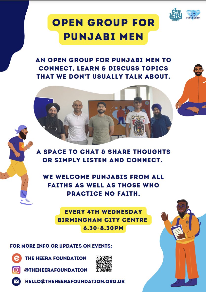 So good to see this initiative running in Birmingham - men's mental health is a growing issue, and South Asians are underrepresented in mental health services. Thank you HeeraFoundation #solihullwellbeingclinic #goodtotalk #punjabimentalhealth