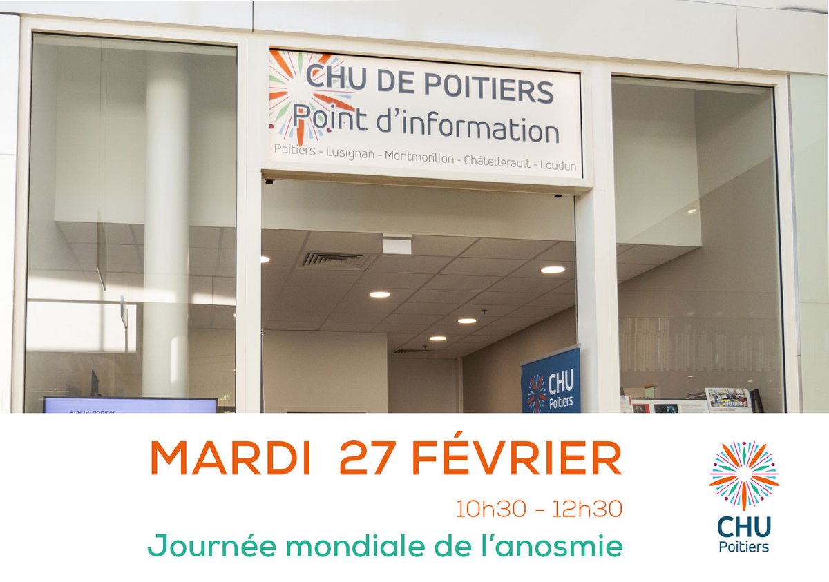 🎙️ #Parolesdexpert |👃 Journée mondiale de l' #anosmie. Le Pr Dufour, chef du service #ORL sera présent le 27/02, de 10h30 à 12h30, au point info du CHU dans le centre commercial Aushopping Poitiers Sud.
ℹ️ L'anosmie ? Perte totale de l'#odorat, temporaire ou permanente.