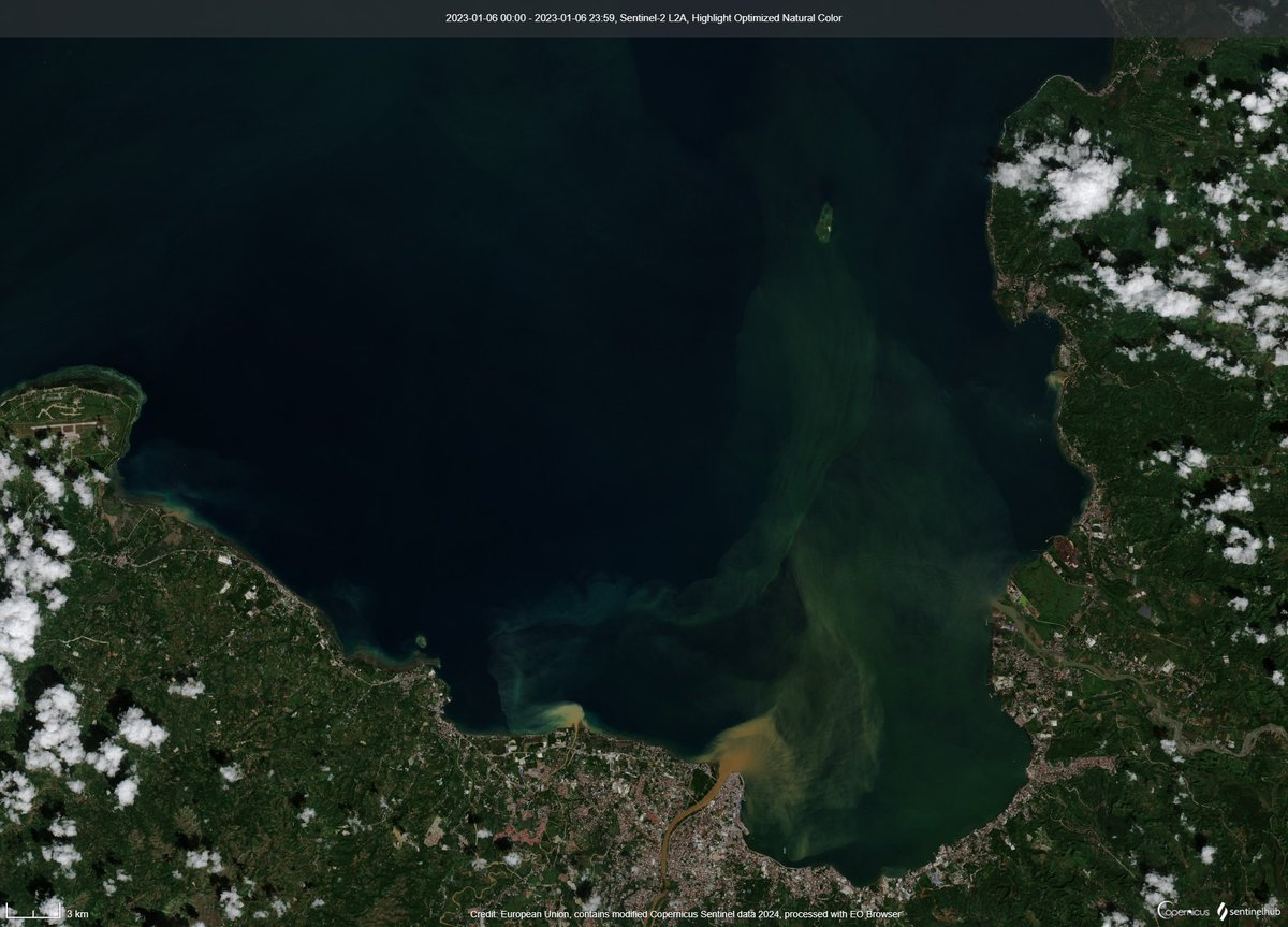 janellsihay's tweet photo. Sediment plumes of Iponan, Cagayan, and Tagoloan rivers in Macajalar Bay (Misamis Oriental, Northern Mindanao, Philippines) 

Captured by #sentinel2 @CopernicusEU processed in @sentinel_hub https://t.co/9LU3ZiGs9Q