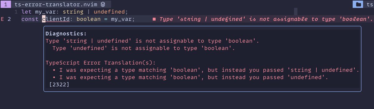 dillon_mulroy's tweet photo. Introducing ts-error-translator.nvim 🚀

A Neovim port of @mattpocockuk's VSCode extension, ts-error-translator, that turns messy and confusing TypeScript errors into plain English.

Get it here! 

https://t.co/gohM0fUC6f https://t.co/vjqJGowLjV
