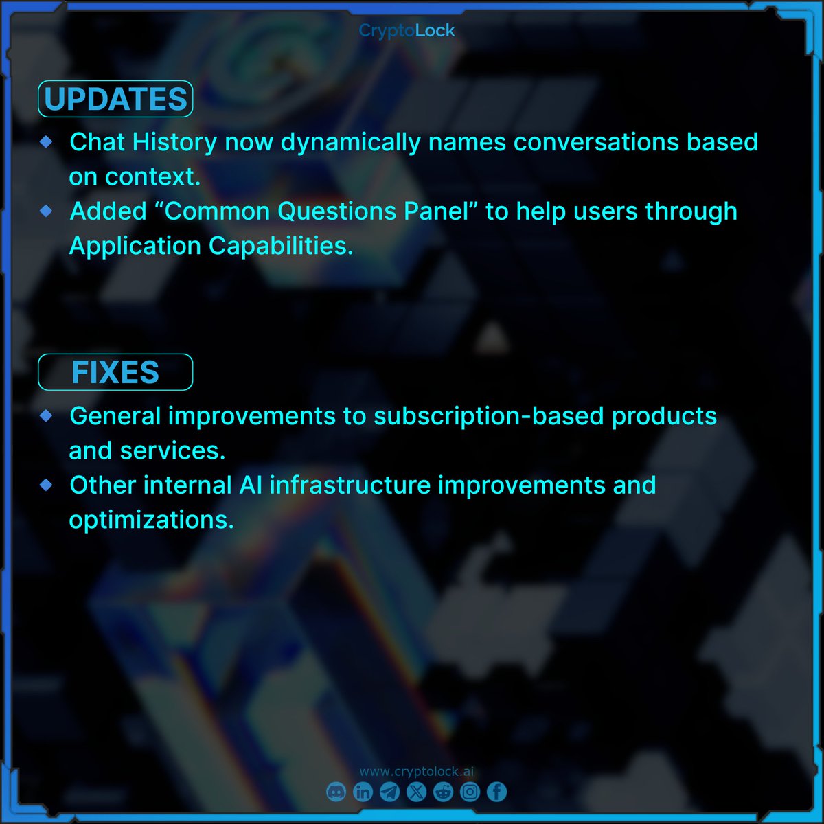 CryptoLockAI's tweet image. Hello, CryptoLock community! With today&apos;s update, we bring chat and UX optimizations!
👉🏻 Stay tuned, exciting new integrations are coming soon!

UPDATES:
🔹 Chat History now dynamically names conversations based on context.
🔹 Added “Common Questions Panel” to help users through…