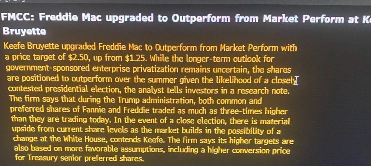 InvestIt3's tweet image. $FNMA -&amp;gt; $FMCC On Monday, Keefe, Bruyette &amp;amp; Woods raised its rating on Freddie Mac (OTC:FMCC (OTC:FMCC)) stock from Market Perform to Outperform, setting a new price target of $2.50, up from the previous $1.25.
