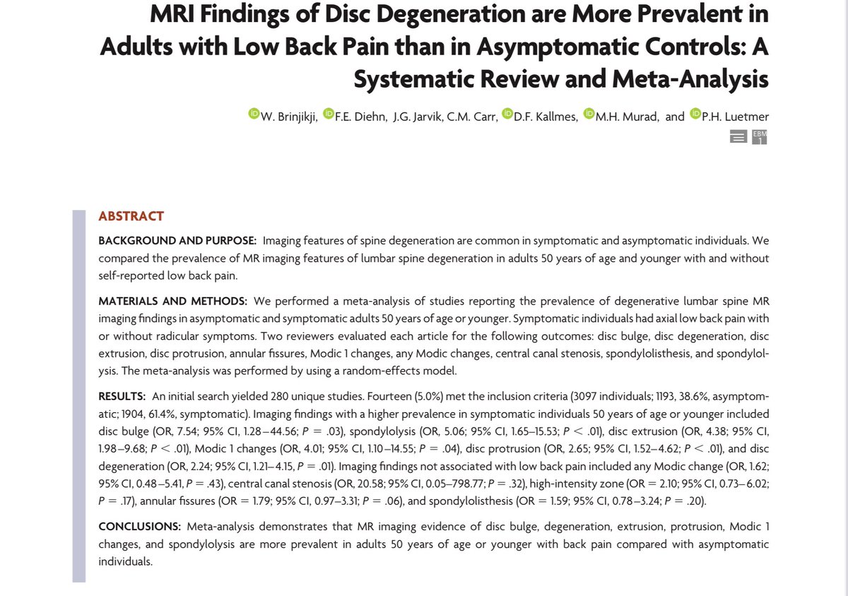 Retlouping's tweet photo. MRI Findings of Disc Degeneration are More Prevalent in
Adults with Low Back Pain than in Asymptomatic Controls: Systematic Review and Meta-Analysis https://t.co/HKsA3bfchX https://t.co/uNBVOuuabY