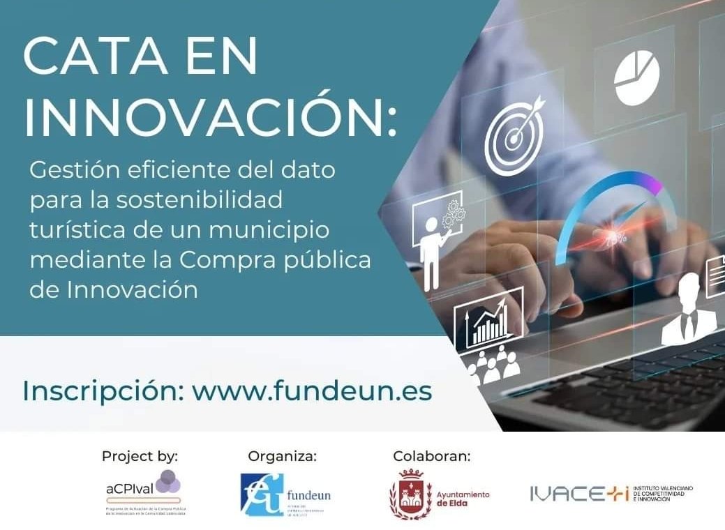 ¡Nueva Cata de Innovación en #Elda donde hablaremos sobre la gestión eficiente del #dato para la #sostenibilidadturística de un municipio mediante Compra Pública de Innovación. #CPI

<a href="/fundeun/">FUNDEUN</a> @gva_ivace

Toda la información e inscripciones: fundeun.es/.../cata-en-in…