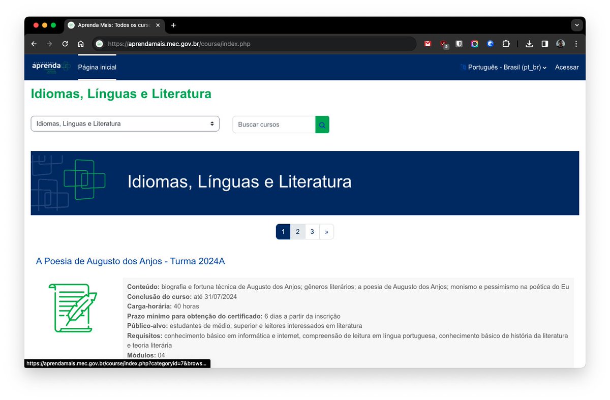 pedromadethis's tweet image. 🇧🇷o MEC (sim, ele mesmo) liberou inscricoes para cursos de idiomas, inglês, espanhol e português com certificado.

🤚 Só escolher a turma (preste atencao no conteudo de cada turma tambem) e se inscrever:

🔗aprendamais.mec.gov.br/course/index.p…